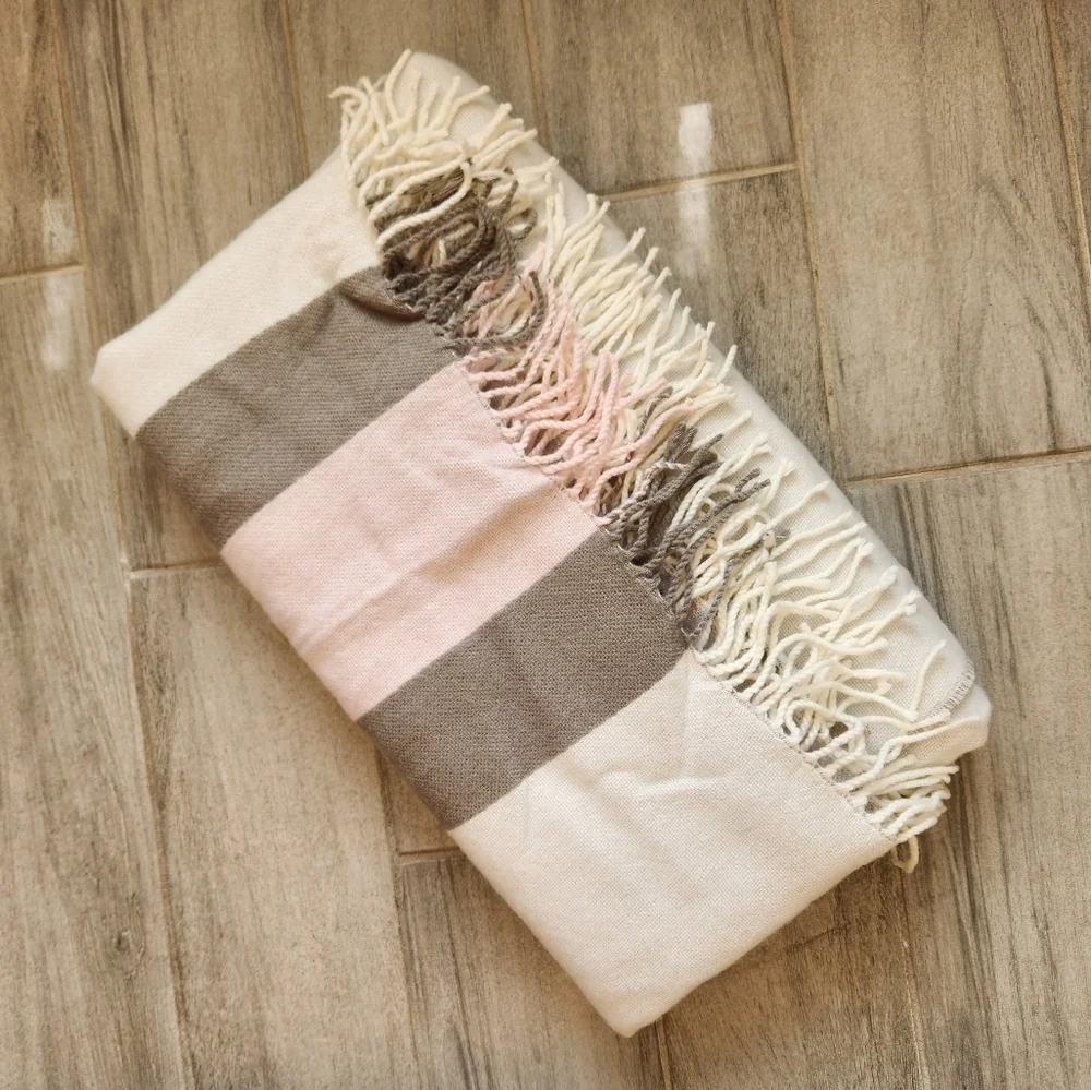 Victoria's Secret VS Throw Blanket White Pink Grey Logo Fringe Striped Cozy